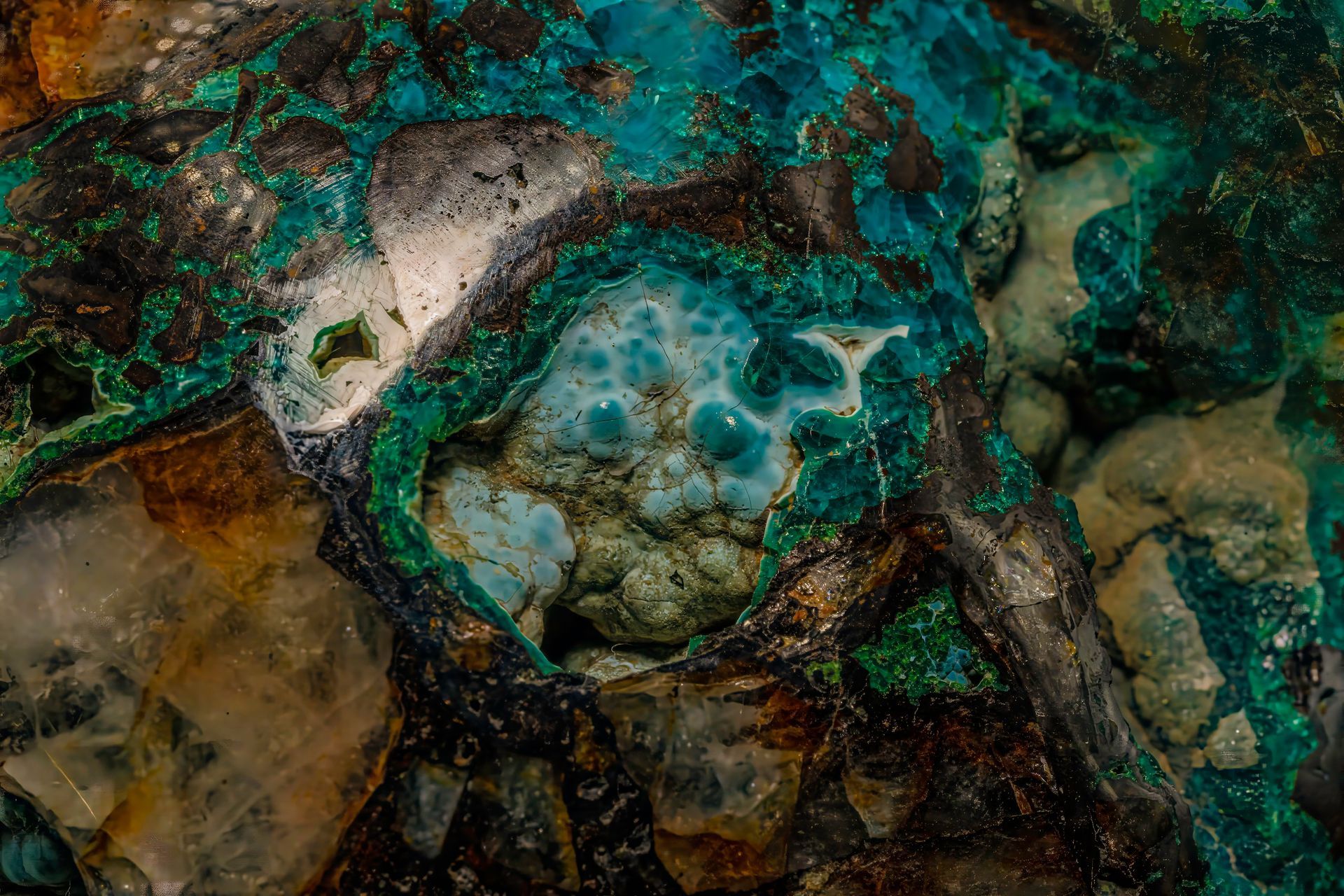 Close-up of a stone with teal, green, brown, and white mineral deposits in a textured pattern.