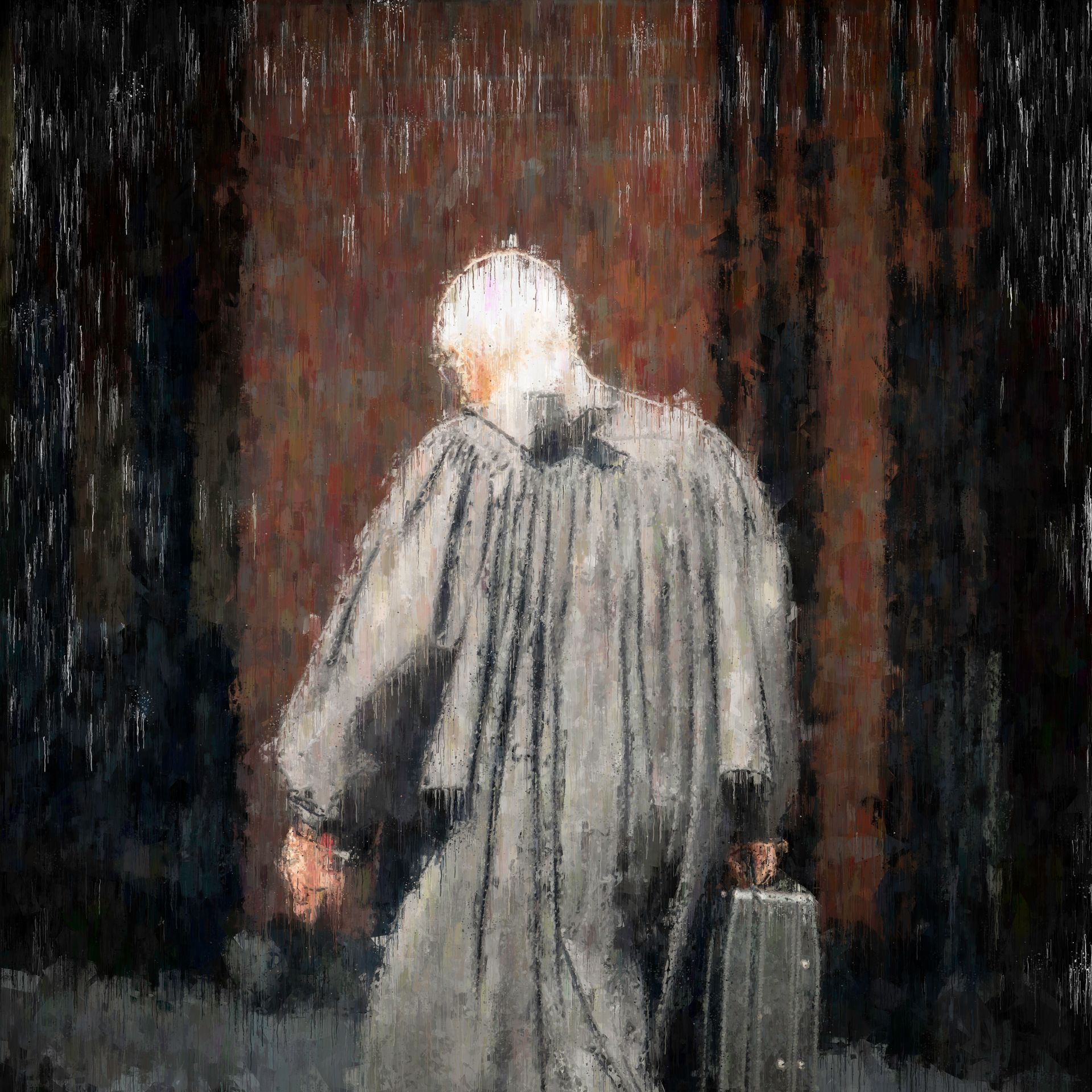 A person in a judicial robe, holding a briefcase, walks away from a doorway; raining.
