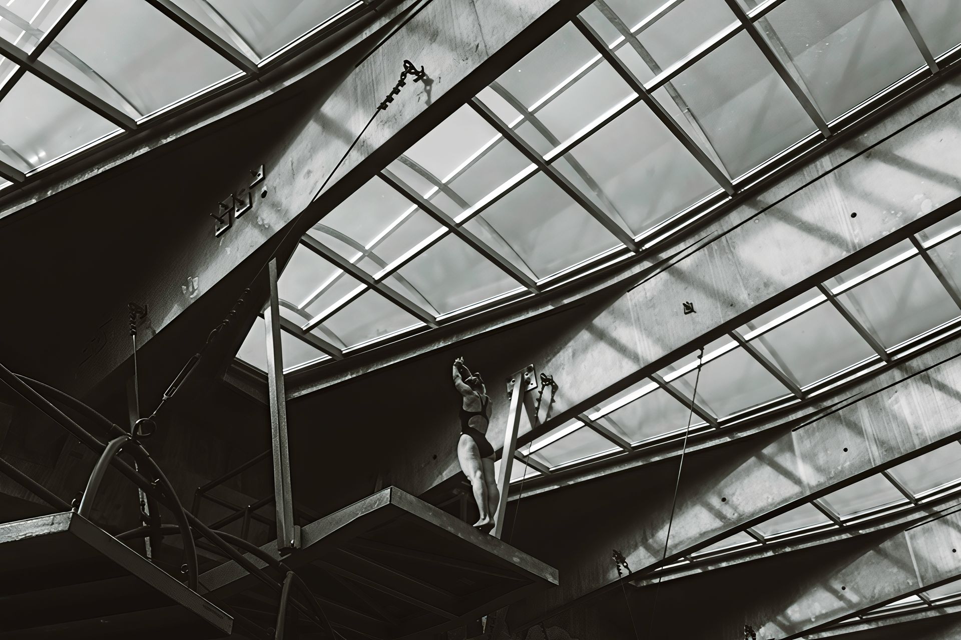Person standing on diving board beneath a geometric glass ceiling.
