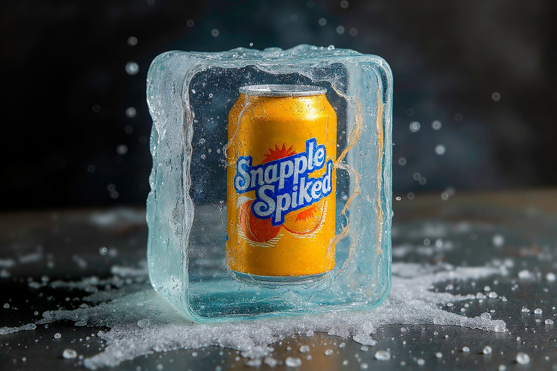 Snapple Spiked can encased in a melting ice cube, splashes of water on a dark surface.