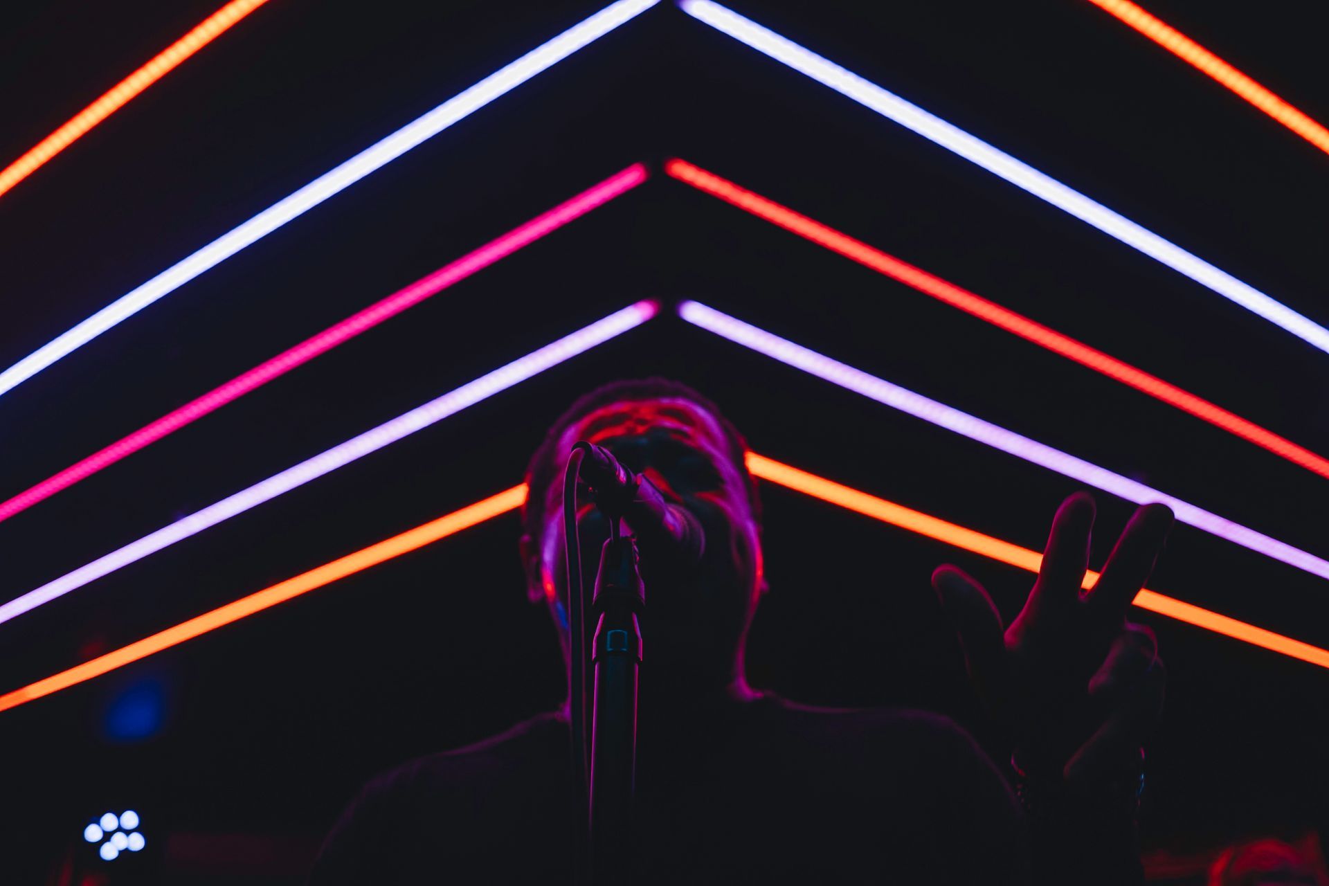 Silhouette of a person singing into a microphone under colorful neon lights in a dark setting.