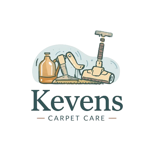 Logo for Kevens Carpet Care. Depicts cleaning equipment: a bottle, two vacuum heads, and text.