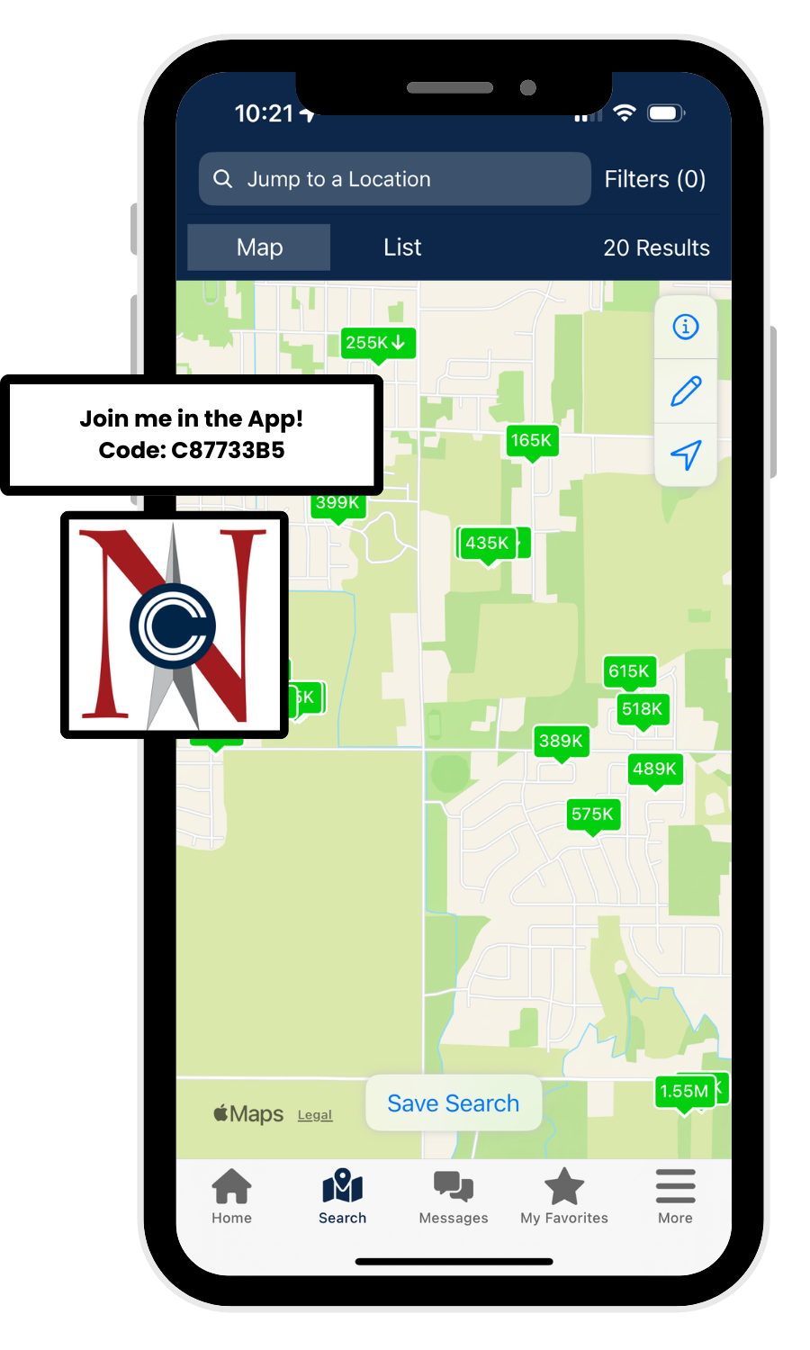 Smartphone with map app displaying green and white terrain. A pop-up with a logo and code says