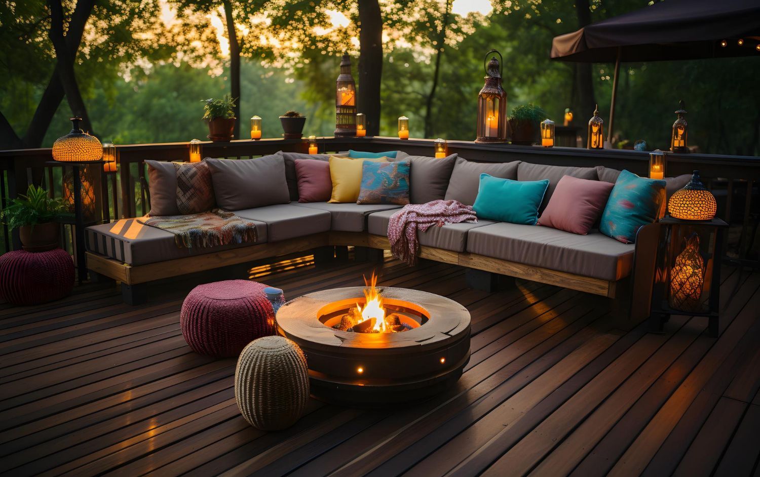 Outdoor deck with fire pit, sectional seating, colorful pillows, and lanterns.