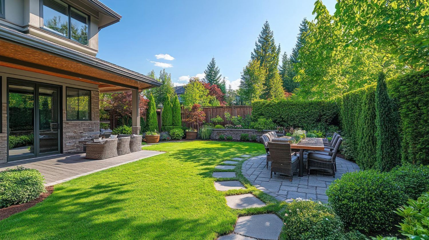 Backyard with patio, lawn, and garden with trees and table set on a sunny day.