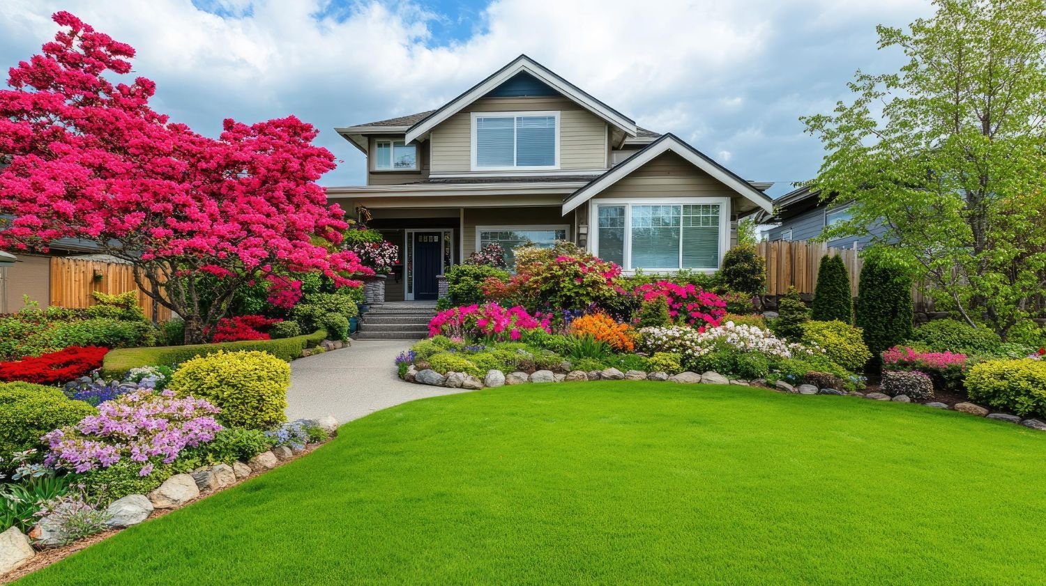 Two-story house with a vibrant garden, featuring a lush green lawn, colorful flowers, and a bright pink tree.