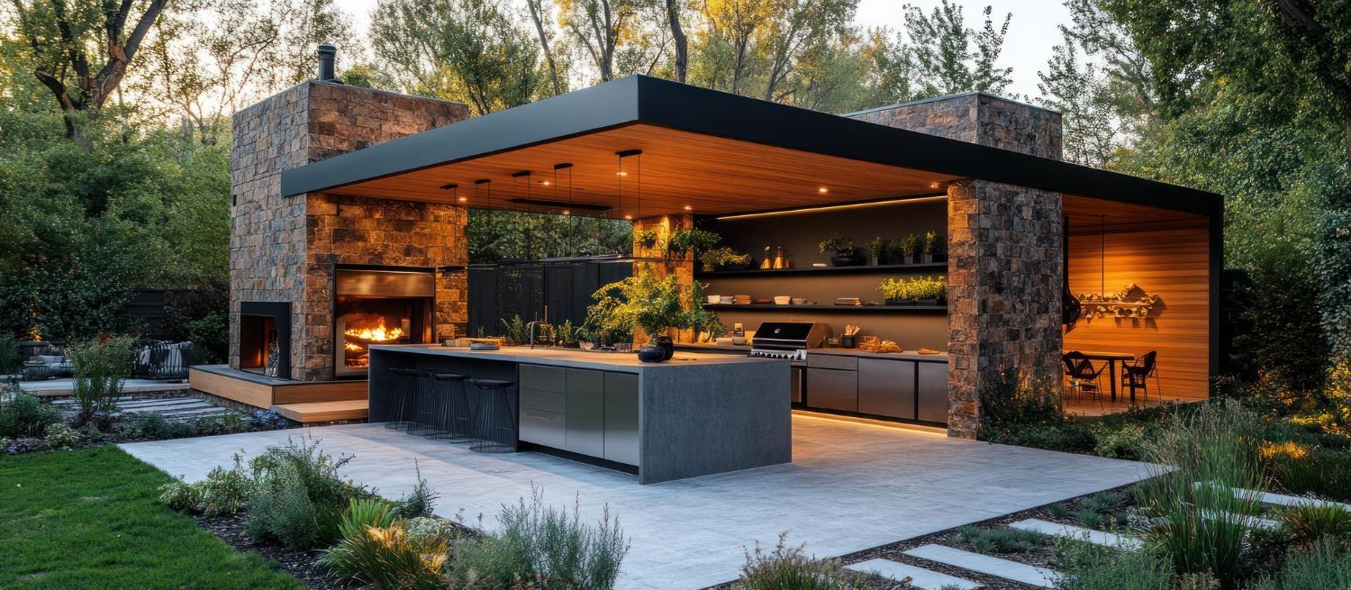 Outdoor kitchen with a fireplace and dining area, surrounded by lush greenery.