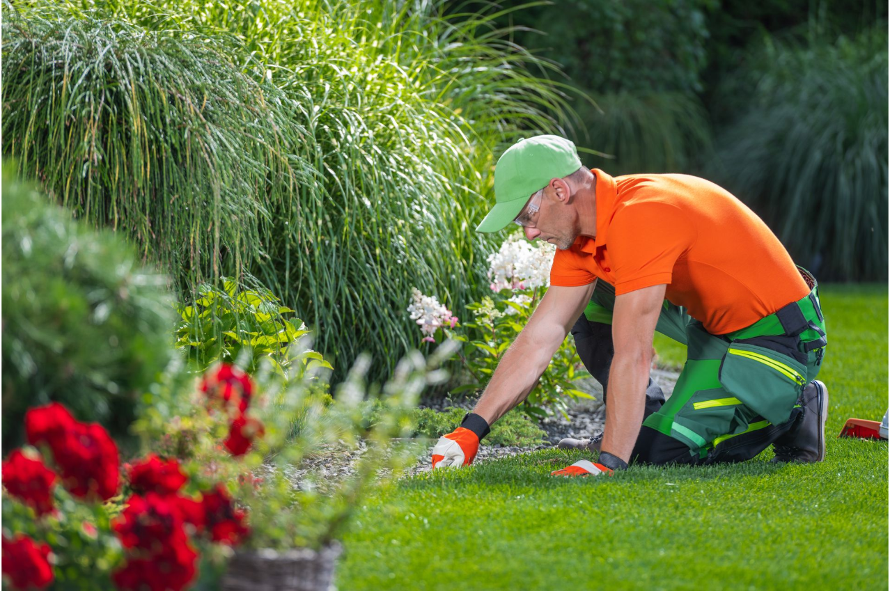 A man in an orange shirt and green pants is kneeling down in a garden.