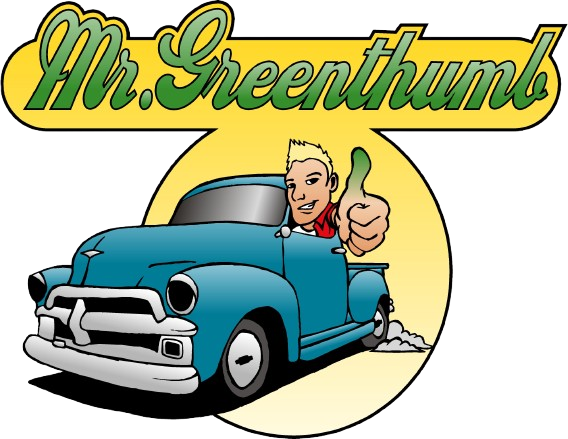 A logo for mr. greenthumb shows a man giving a thumbs up