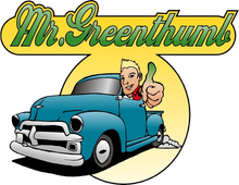 A logo for mr. greenthumb shows a man giving a thumbs up