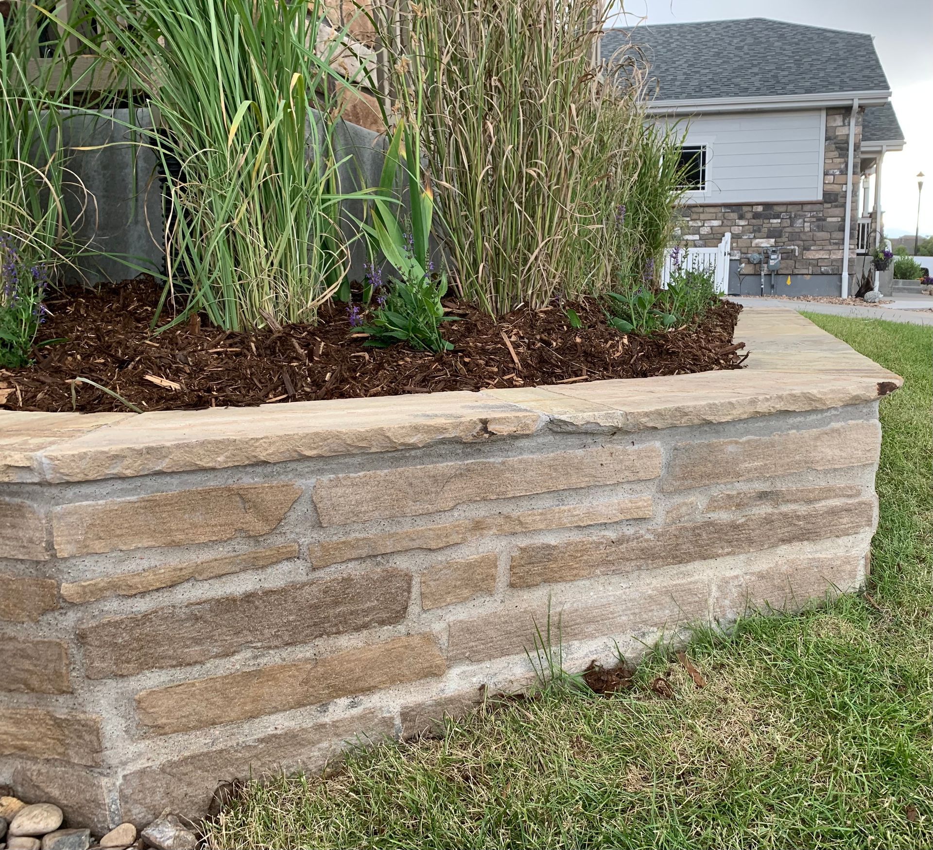 A brick wall with plants growing out of it in front of a house.