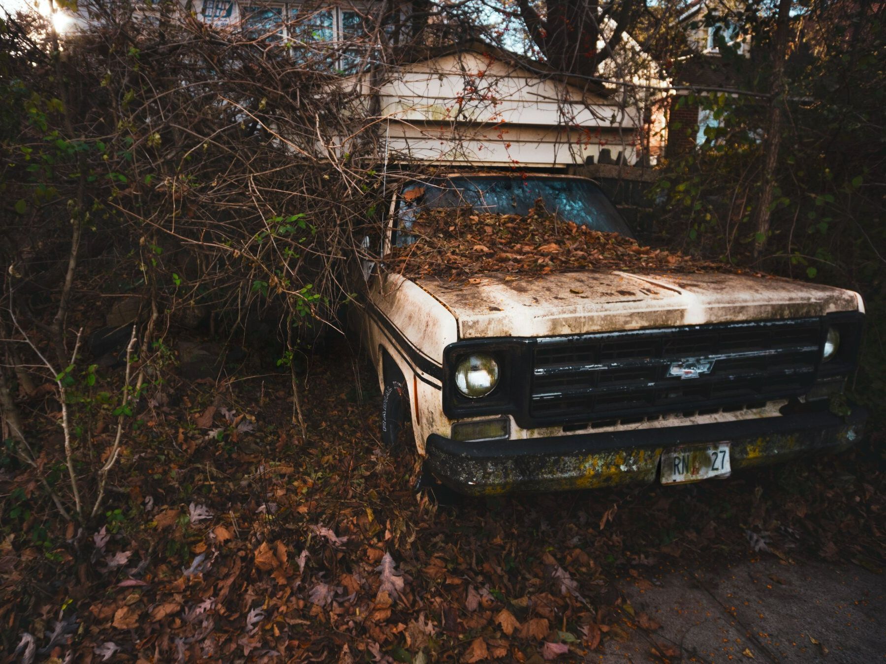 An old truck is covered in leaves in a yard.
