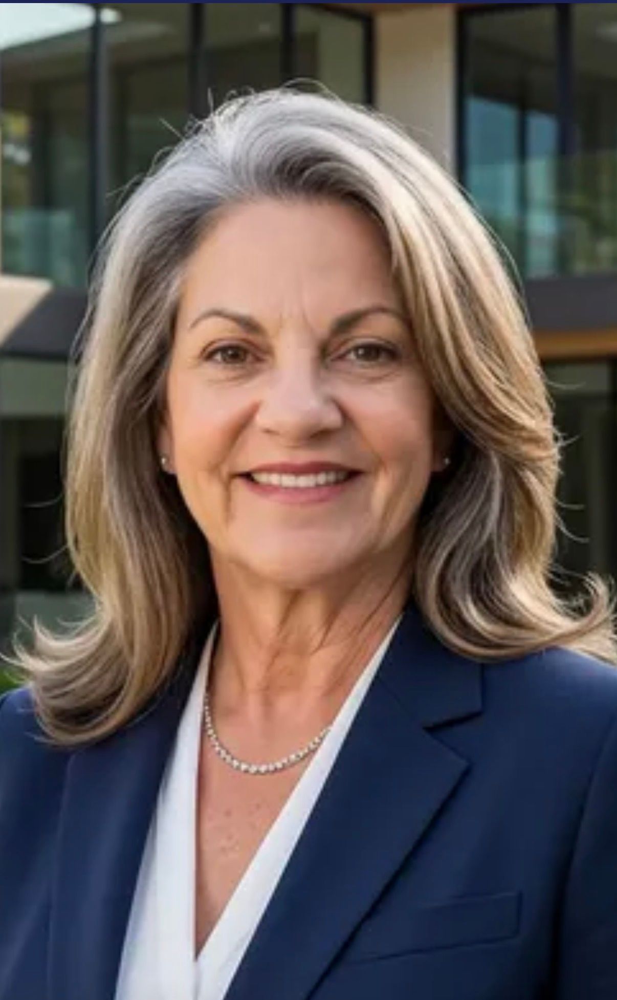 A woman is sitting at a desk with a laptop and a vase of flowers.