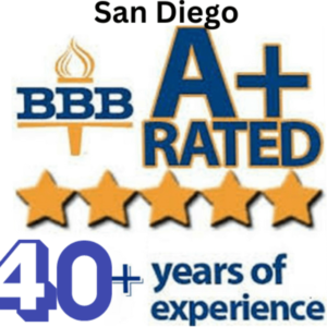 A logo that says san diego bbb rated 40+ years of experience