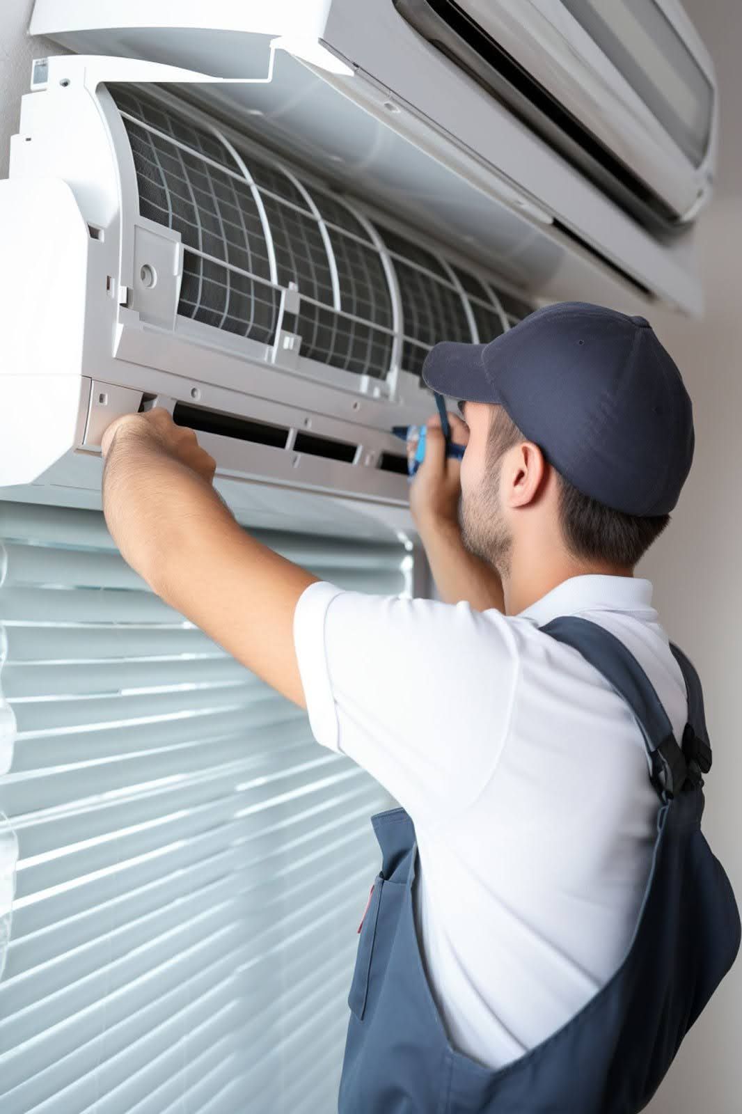 Technician cleaning a wall-mounted air conditioner with the cover open.