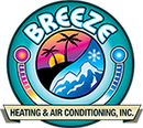 Breeze Heating & Air Conditioning logo with sun, mountains, palm trees, and blue circular border