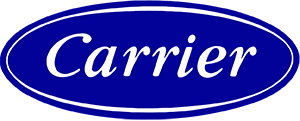 Carrier logo in white script on a blue oval background