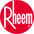 Rheem logo in white lettering on a red circular background