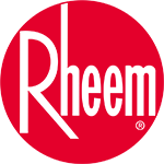 Rheem logo in white text on a red circular background