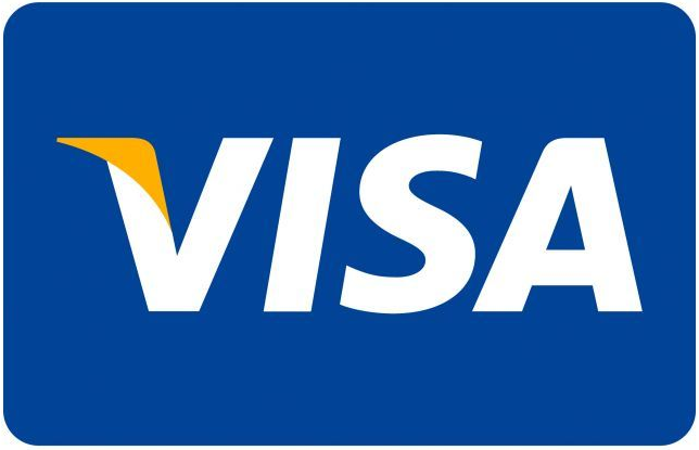 Visa logo in white on a blue background with a yellow accent on the V