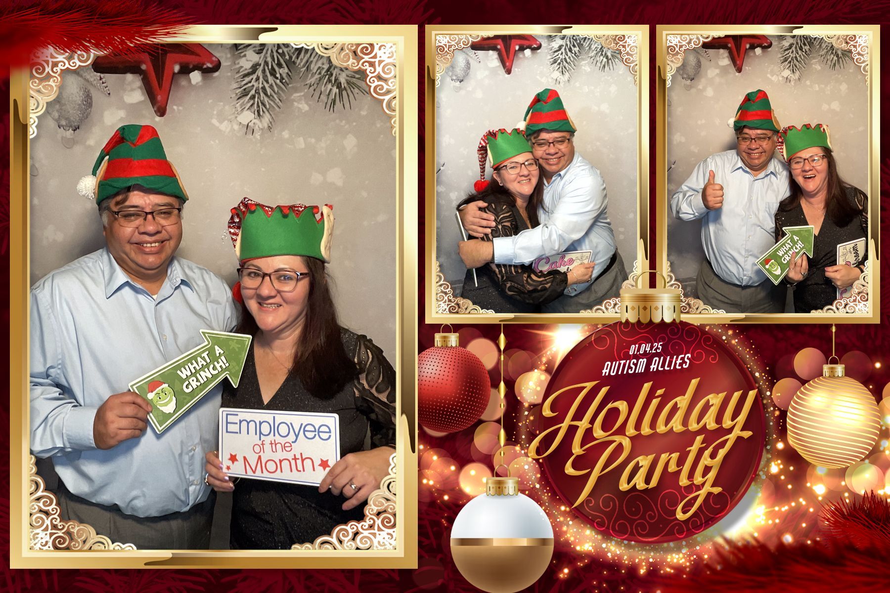 A man and a woman are posing for a picture in a photo booth at a holiday party.