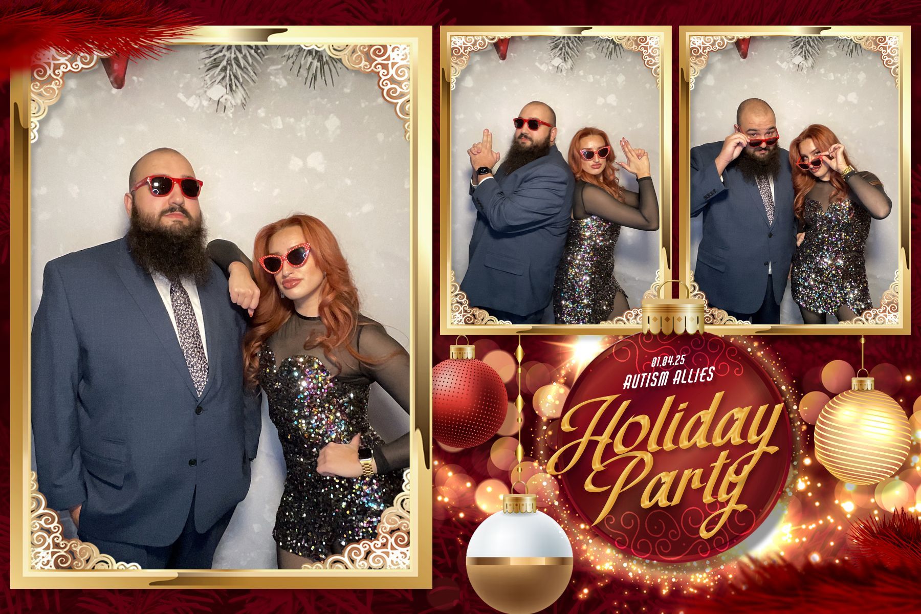 A man and a woman are posing for a picture in a photo booth at a holiday party.
