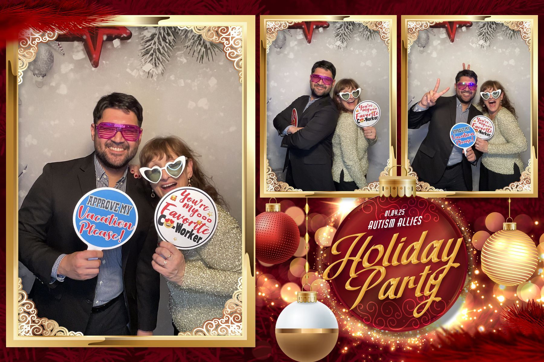 A man and a woman are posing for a picture at a holiday party.