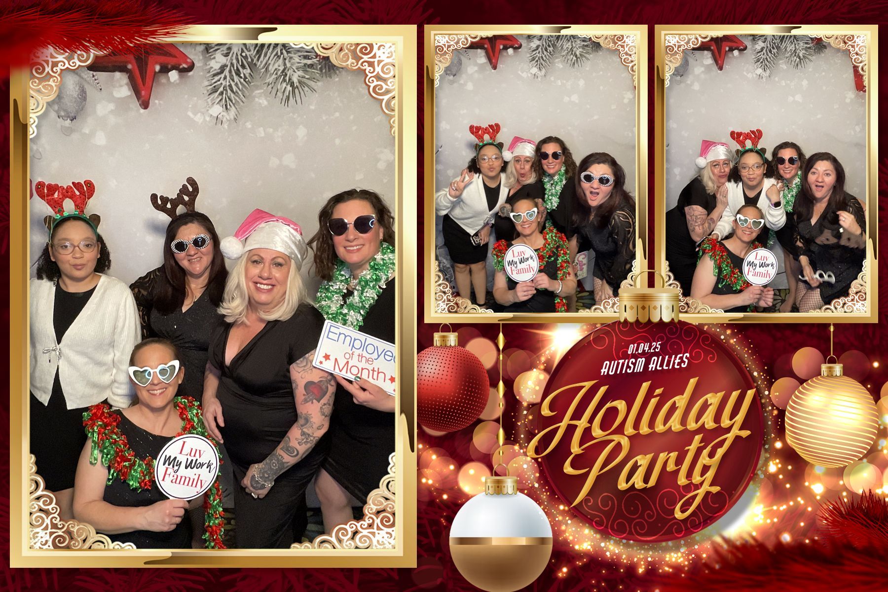 A group of women are posing for a picture in a photo booth at a holiday party.