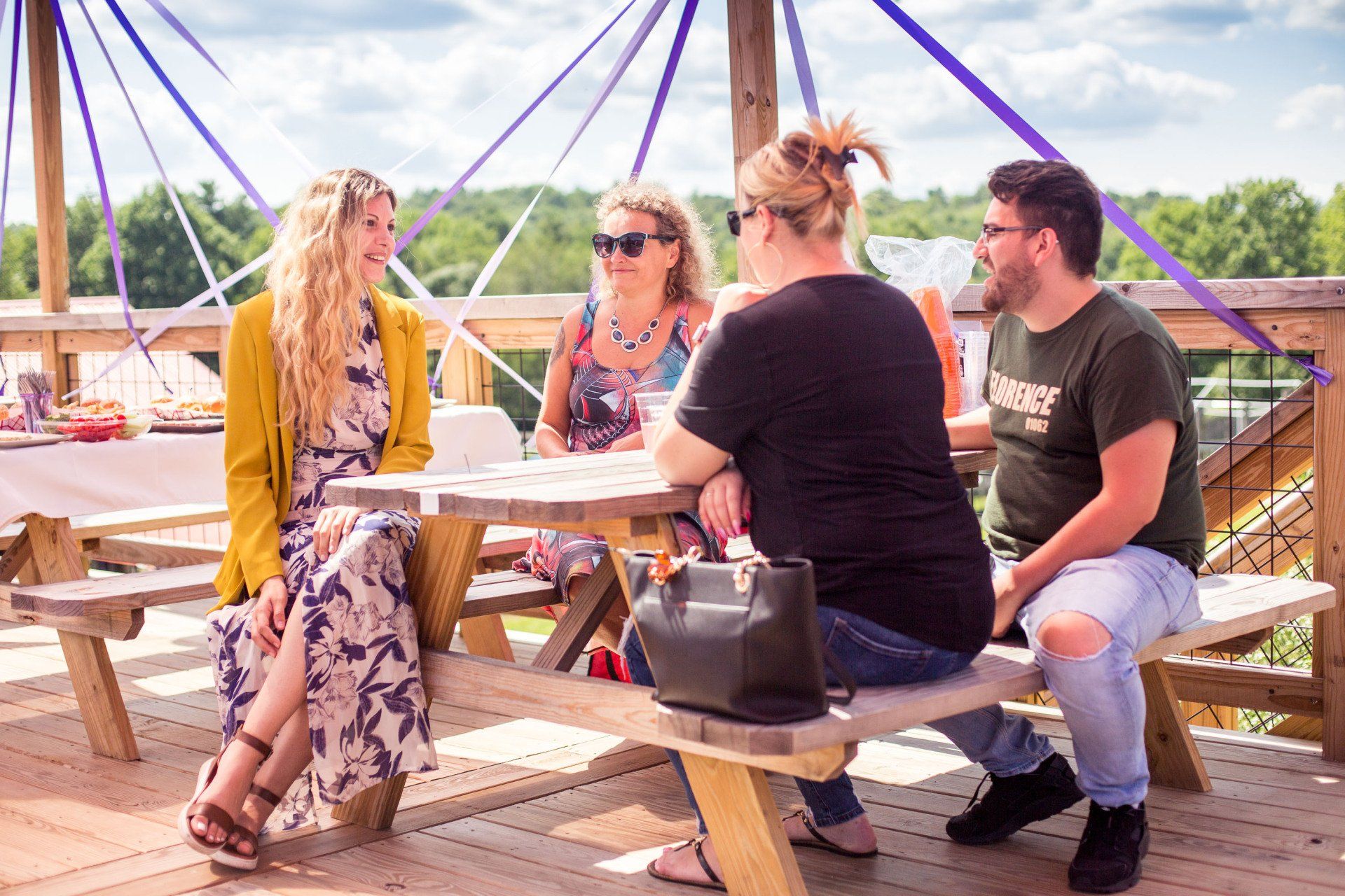 A group of people are sitting at a picnic table.