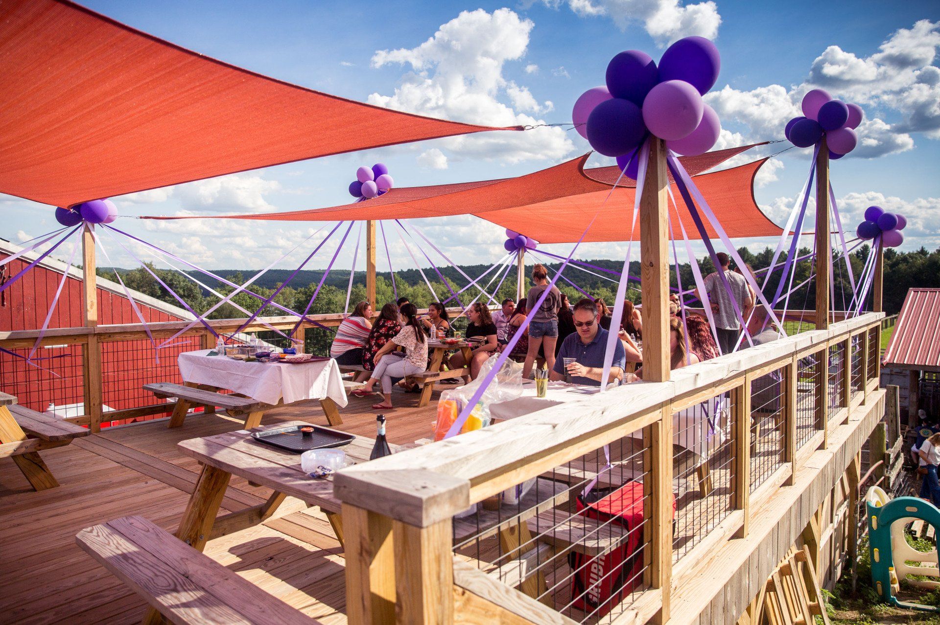 A group of people are sitting under umbrellas on a deck decorated with purple balloons.