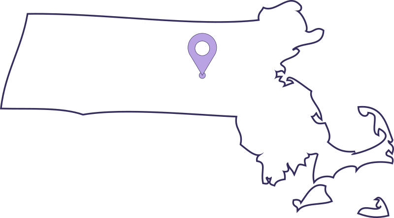 A map of massachusetts with a purple pin on it.
