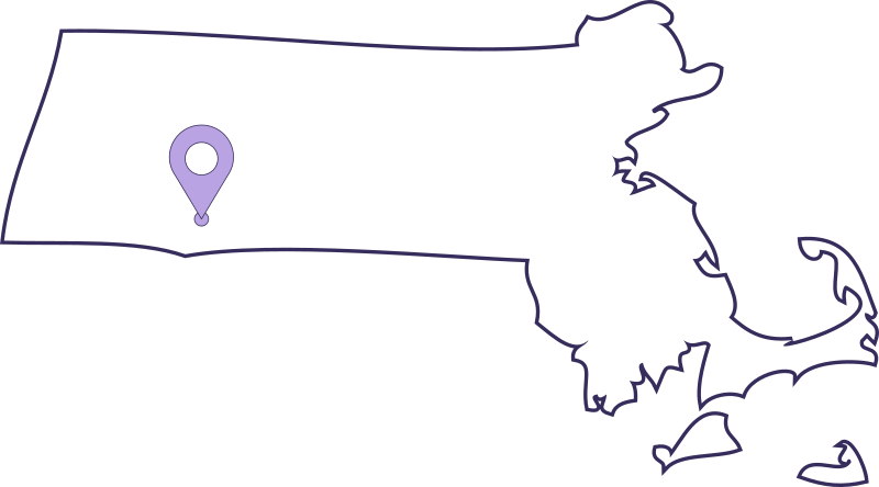 A map of massachusetts with a purple pin on it.