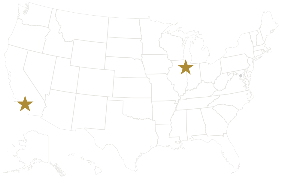 A map of the united states with two stars on it.