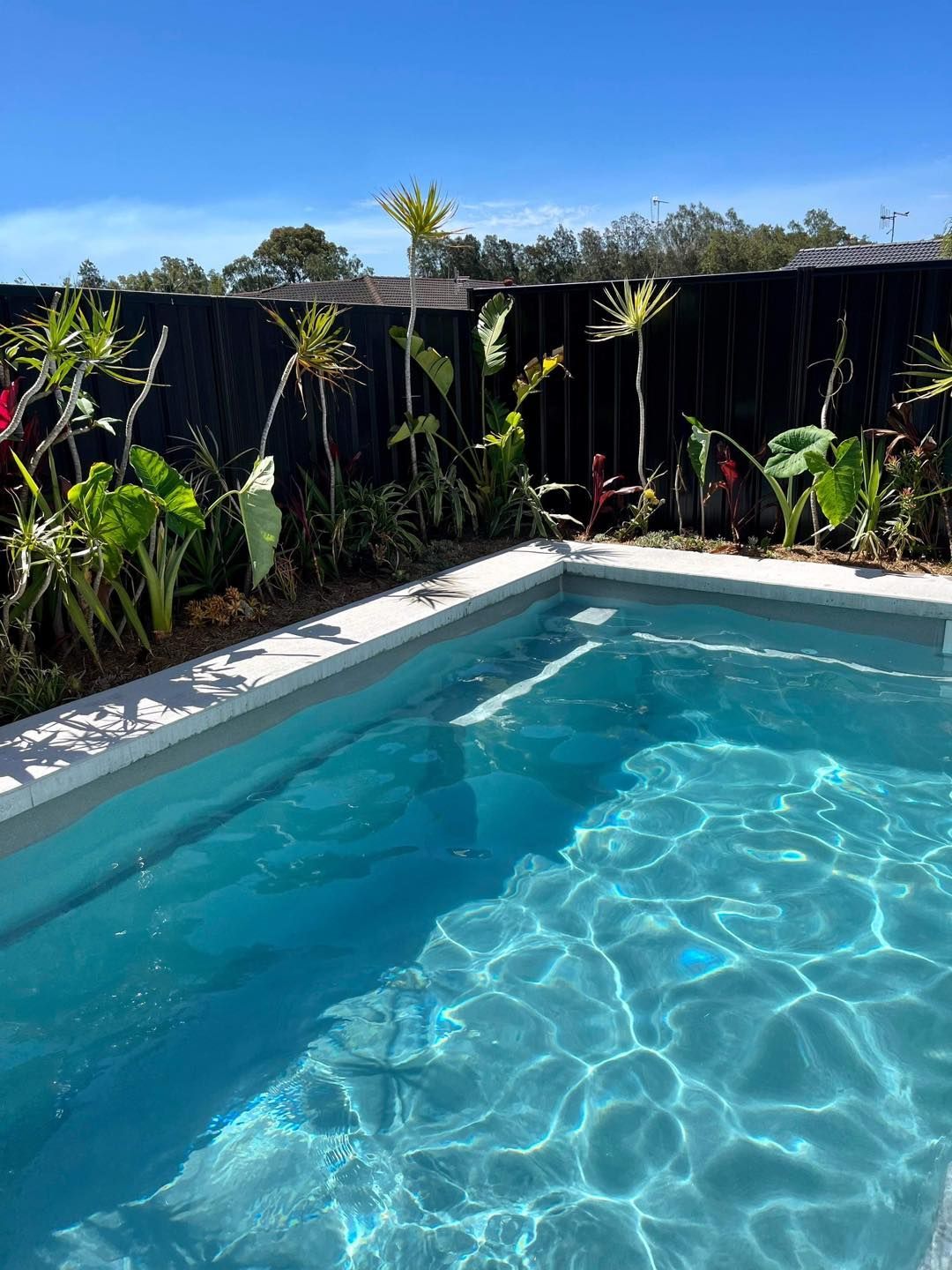 A small, blue, in-ground pool with a waterfall feature and stone coping, adjacent to a home. — Clearwater Pools Hallidays Point in Hallidays Point, NSW