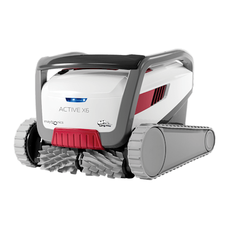 White and gray Dolphin Active X6 robotic pool cleaner with red accents, track treads.  — Clearwater Pools Hallidays Point in Hallidays Point, NSW