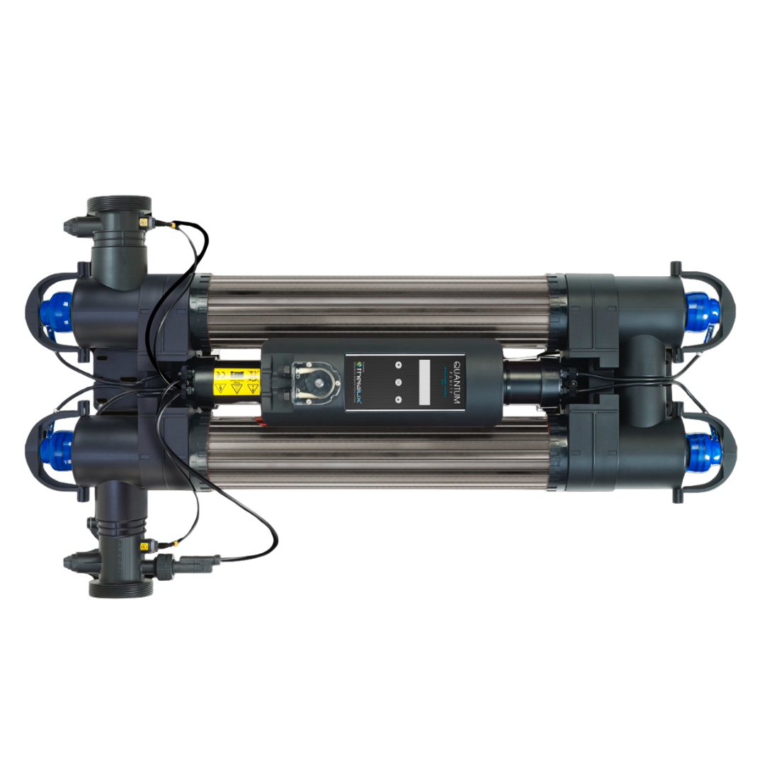 UV water purifier with black fittings, stainless steel tubes, and a central control panel.  — Clearwater Pools Hallidays Point in Hallidays Point, NSW