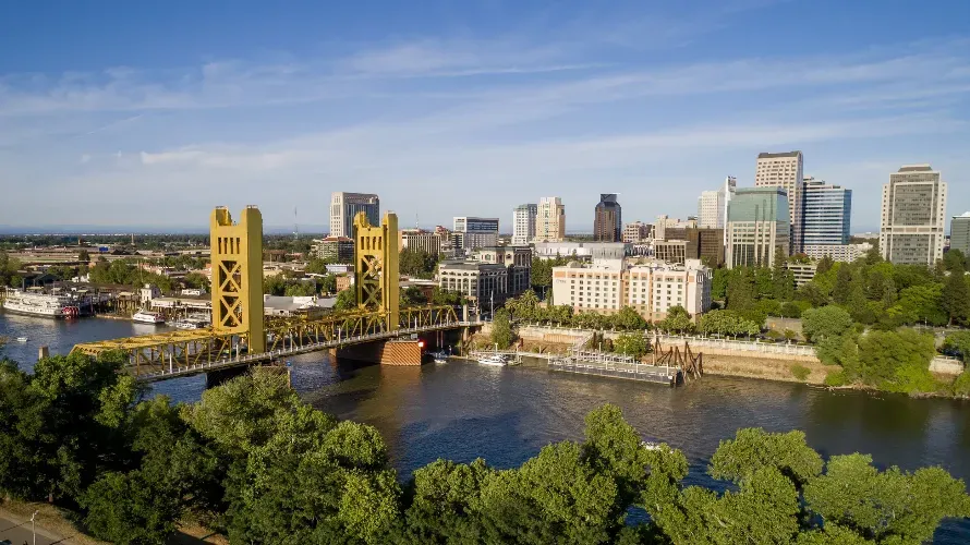 an aerial view of a bridge over a river with a city in the background