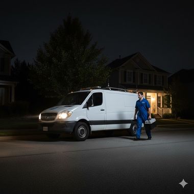 White service van parked at night in front of a house, a worker carries a toolbox toward the lit front door.