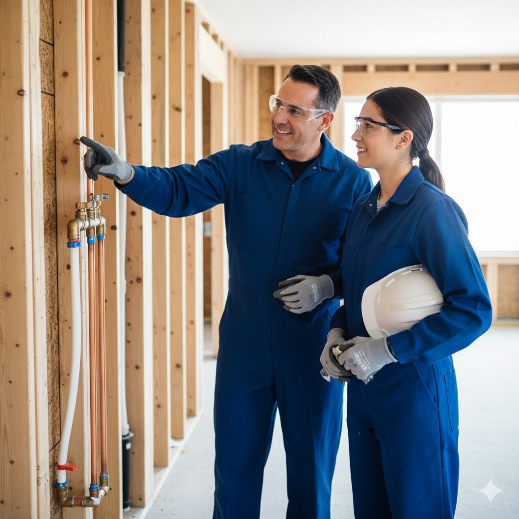 Two construction workers inspecting plumbing, one pointing, in a framed building.