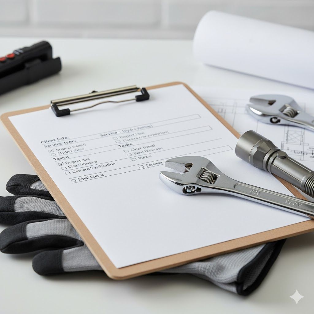 Clipboard with a checklist, two adjustable wrenches, flashlight, gloves, stapler, and rolled paper on a white surface.