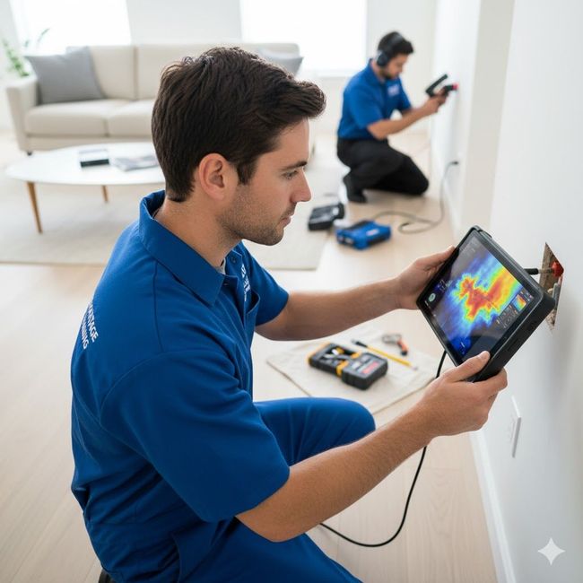 Two technicians using thermal imaging devices to inspect a wall for electrical issues.