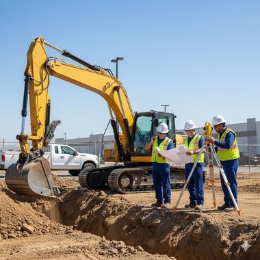Construction site: excavator digging, workers reviewing plans, using surveying equipment.