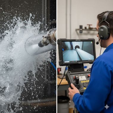 Water jet spraying; technician monitors progress on a screen, indoors.