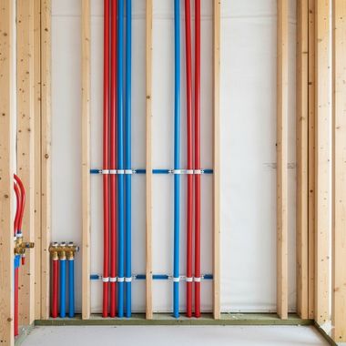 Pipes in red and blue are installed between wooden studs in a wall.