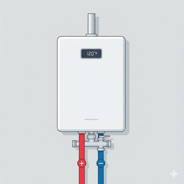 White tankless water heater on a wall with red and blue pipes. Digital display shows