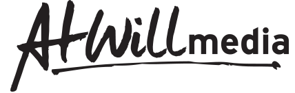 Logo for AtWill media in black script font with underline.
