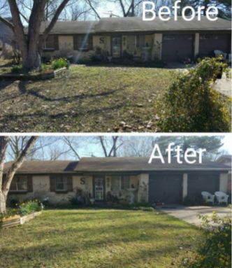Before and after photos of a one-story house with improved lawn. The grass is greener in the after photo.
