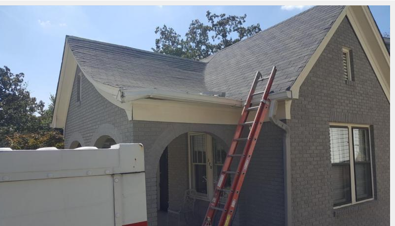 House with a gray roof and textured gray exterior. Red ladder propped up against the roof.