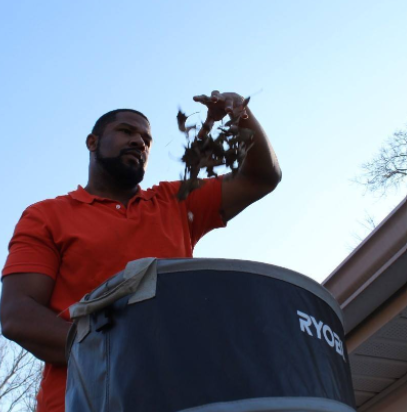 Man in orange shirt throwing leaves into a Ryobi container on a sunny day.