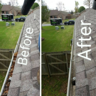 Before and after photos of a gutter cleaning. The before photo shows gutters full of debris, the after photo shows clean gutters.